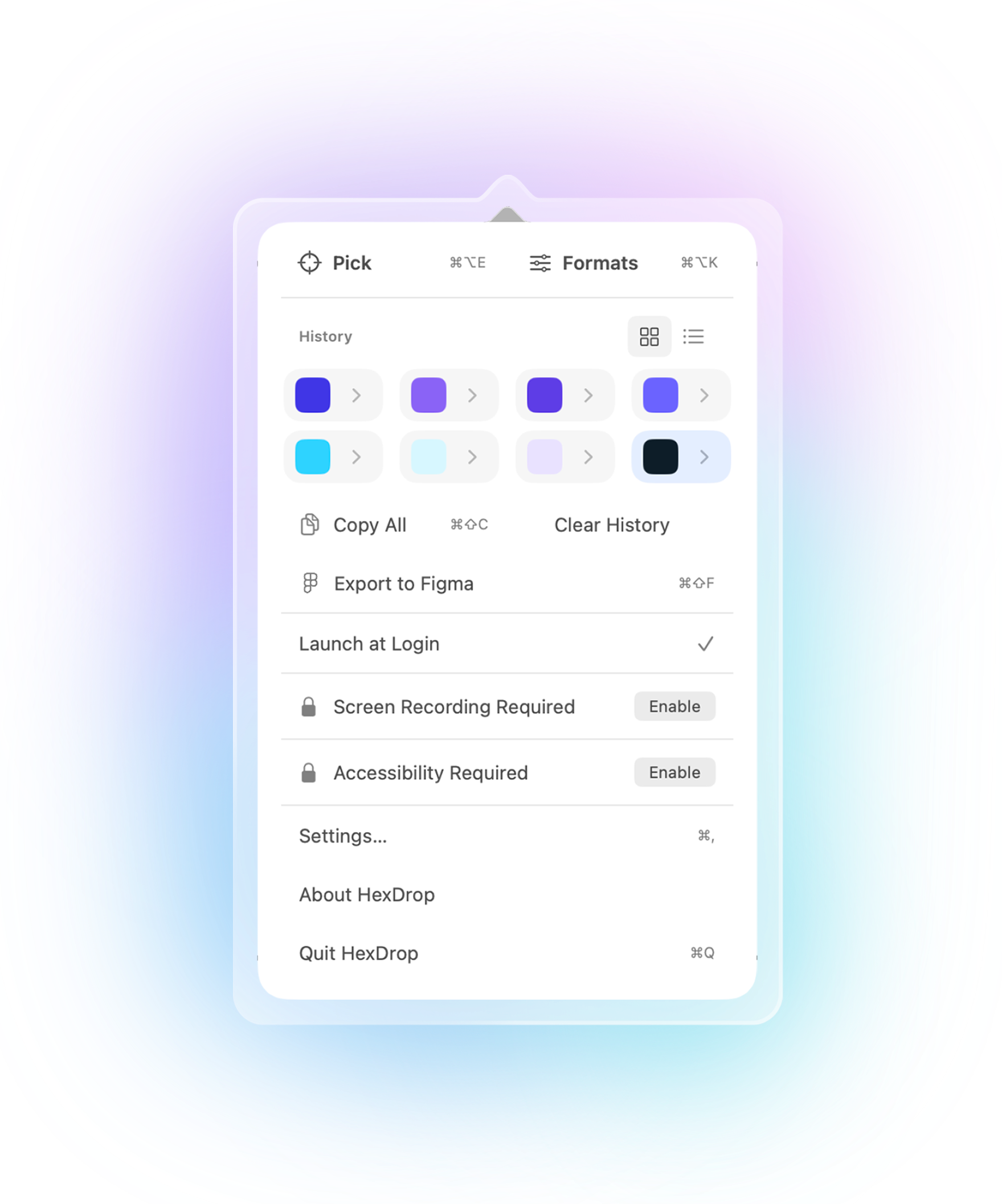 HexDrop menu with color history, shortcuts, and actions