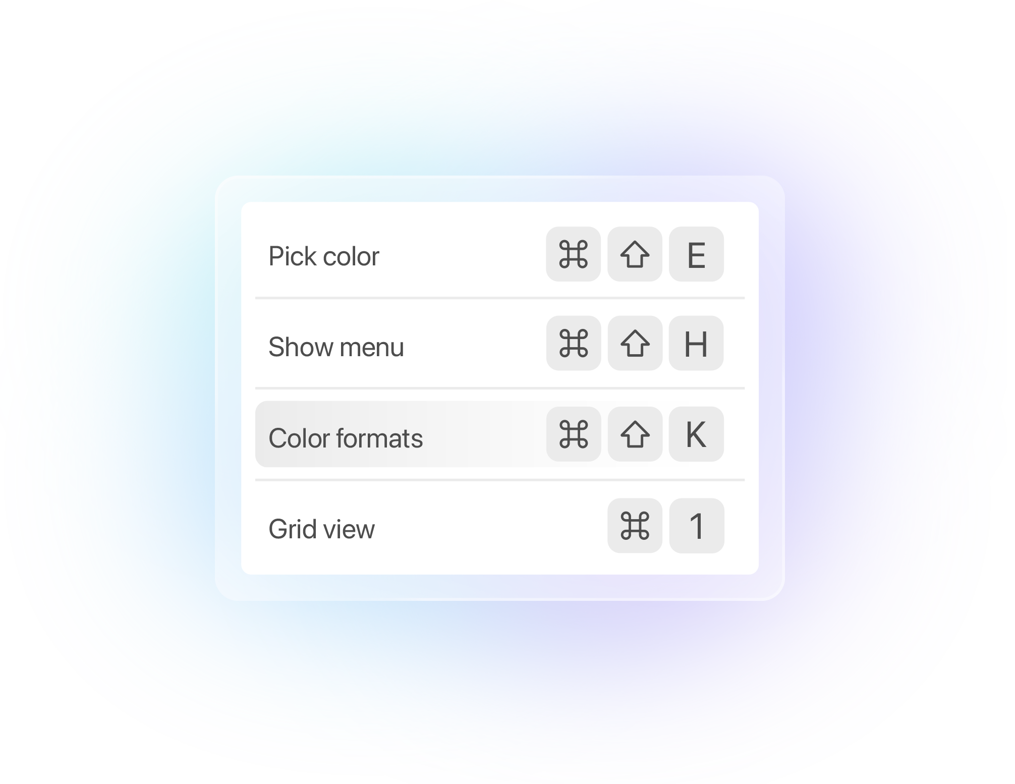 HexDrop keyboard shortcuts for pick, menu, formats, and grid view