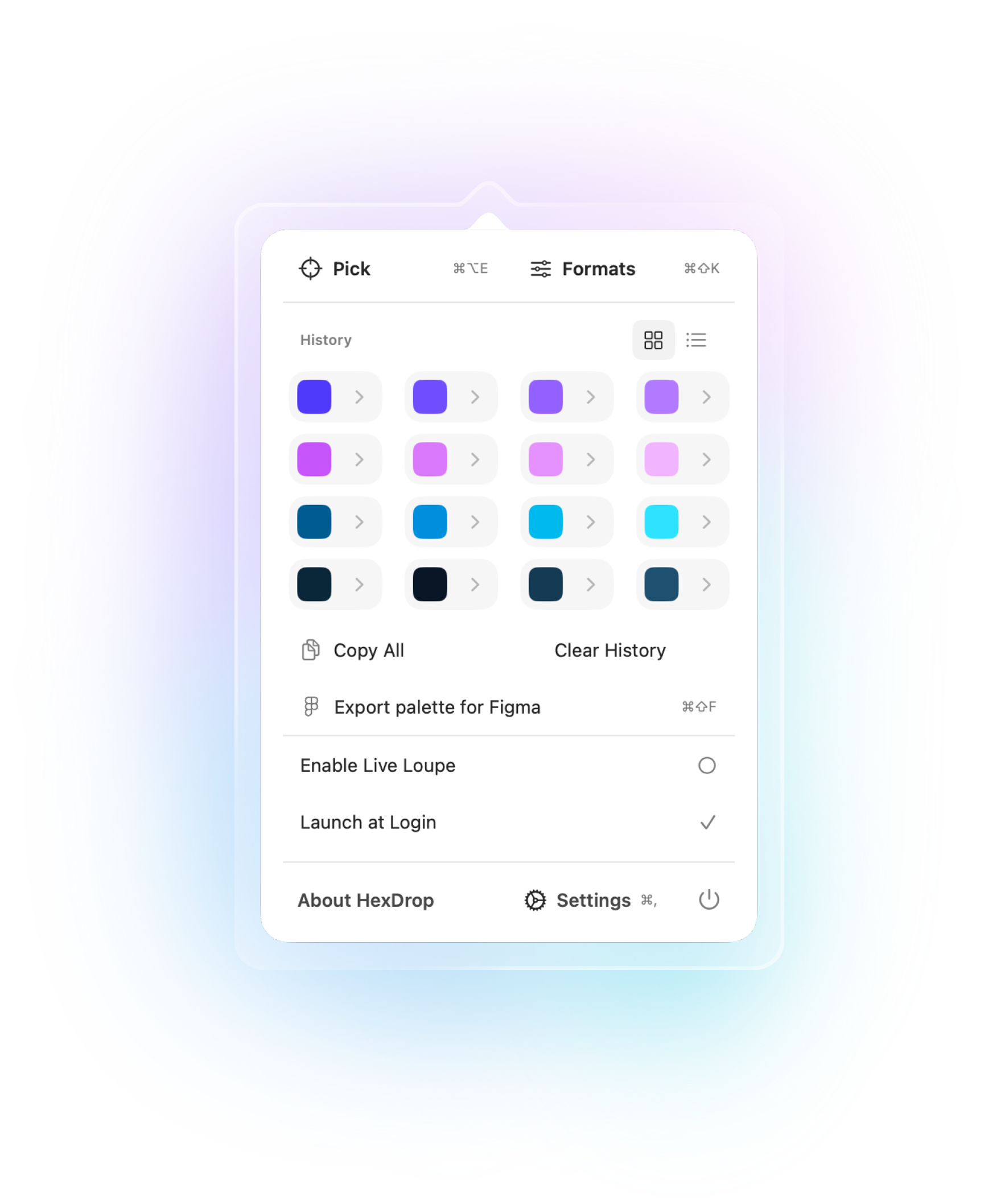 HexDrop menu with color history, shortcuts, and actions