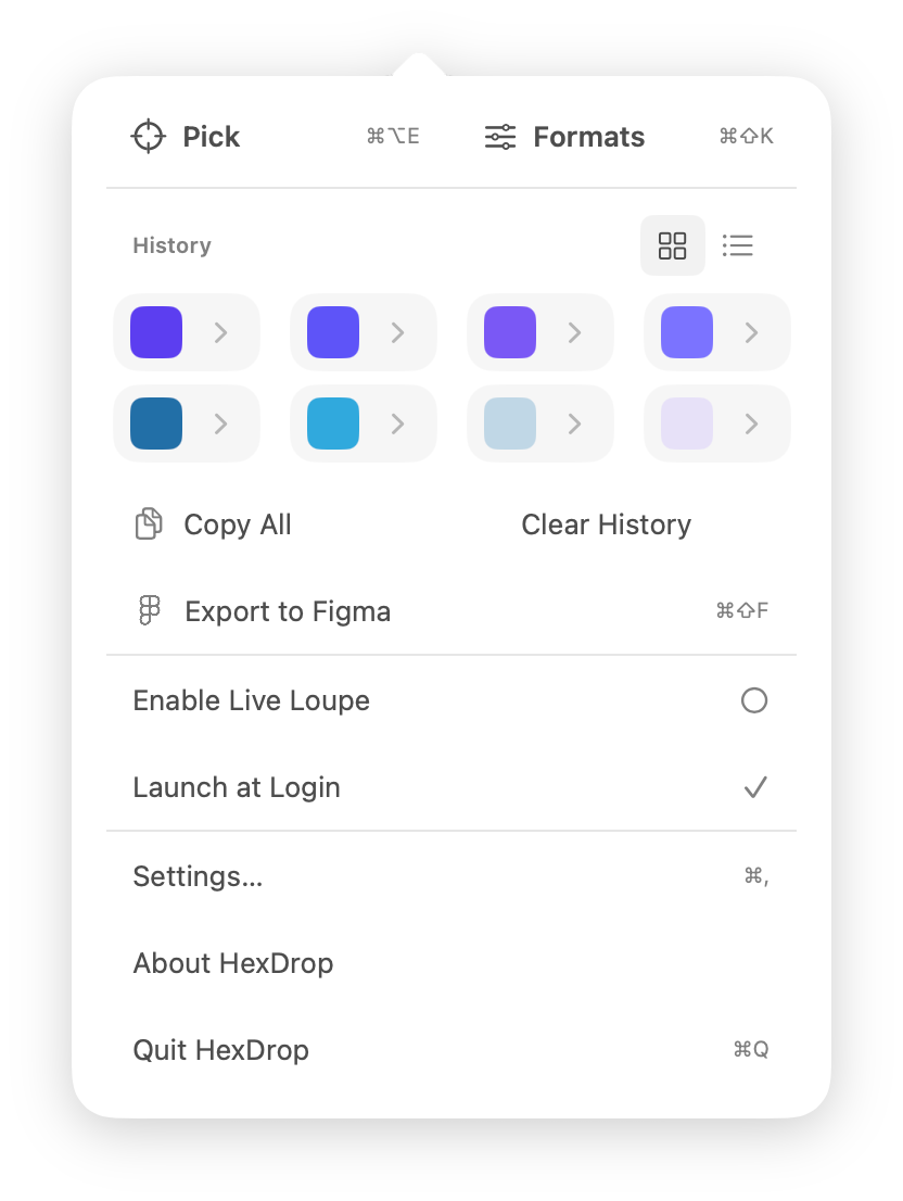 HexDrop menu bar window screenshot